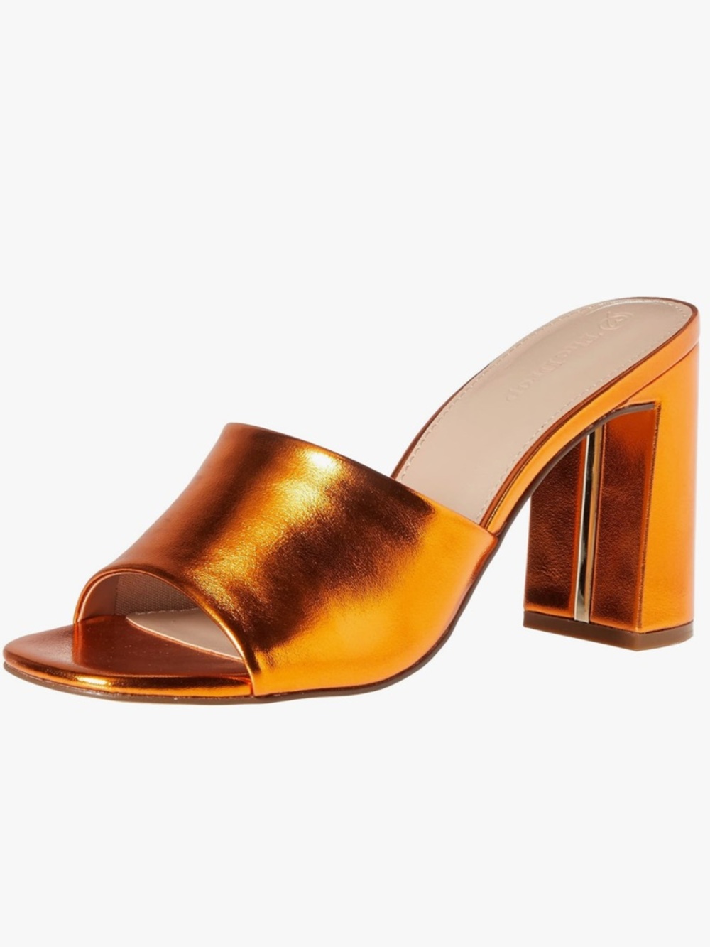 The Drop Metallic Open-Toe Block Heel Mule in Fire Orange